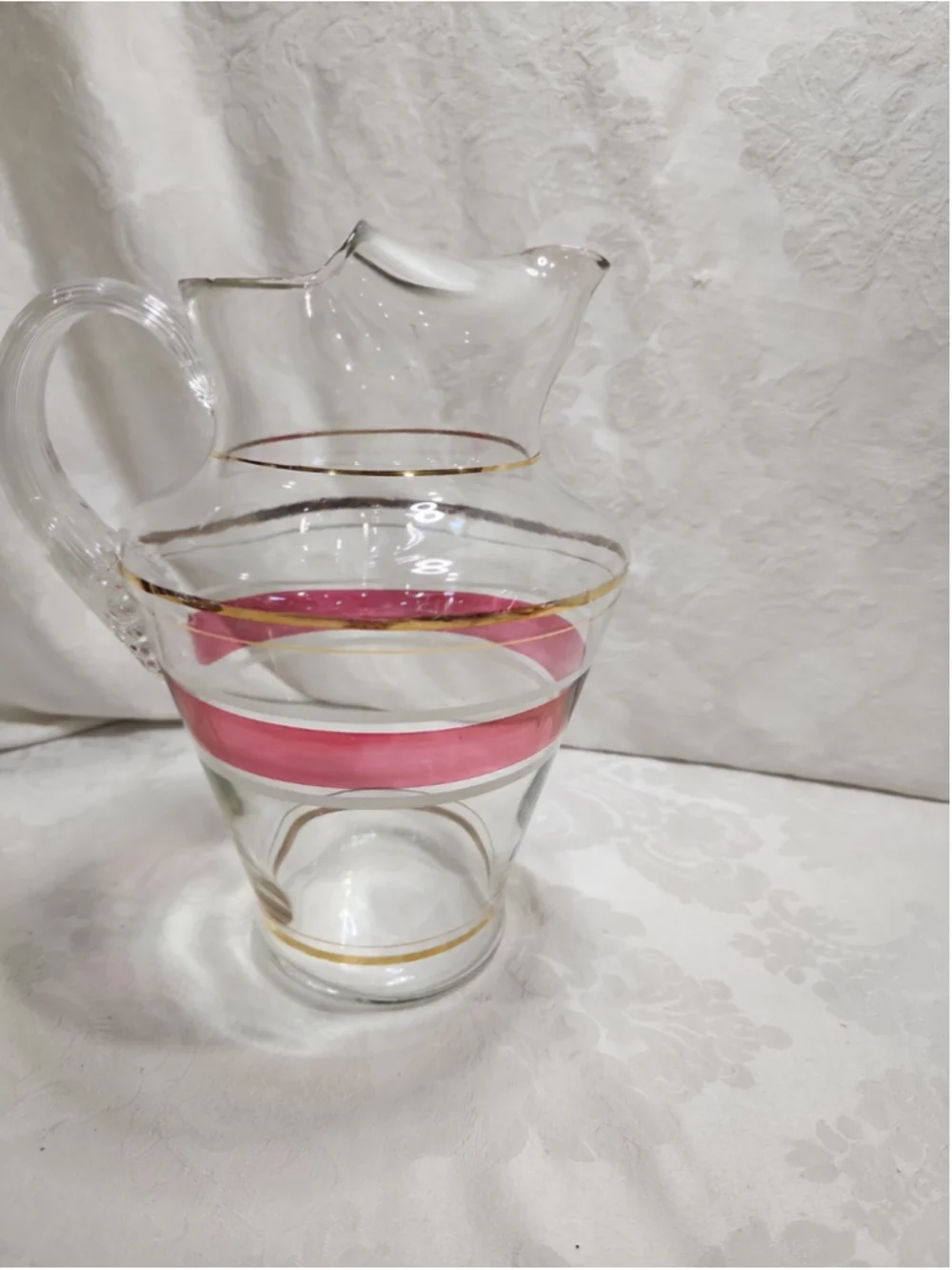 MCM Glass Pitcher Ice Lip Pink White Enamel Stripe Gold Trim Ribbed Handle